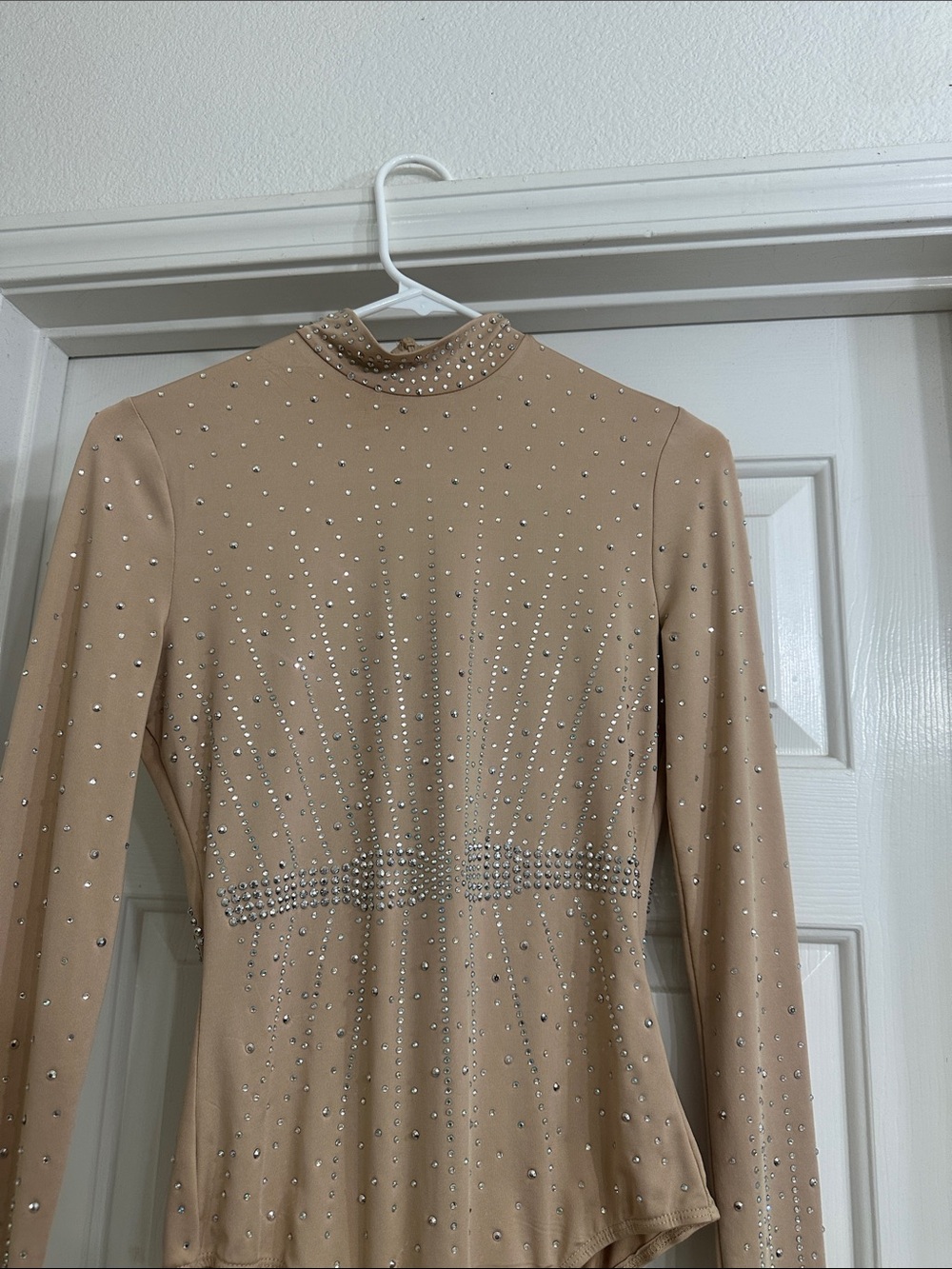 Embellished Nude Mock Neck Long-Sleeve Bodysuit